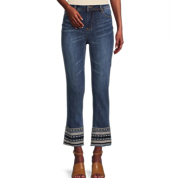 Driftwood Colette Embroidered Cuff Crop Jeans Blue Denim - Picture 1 of 6